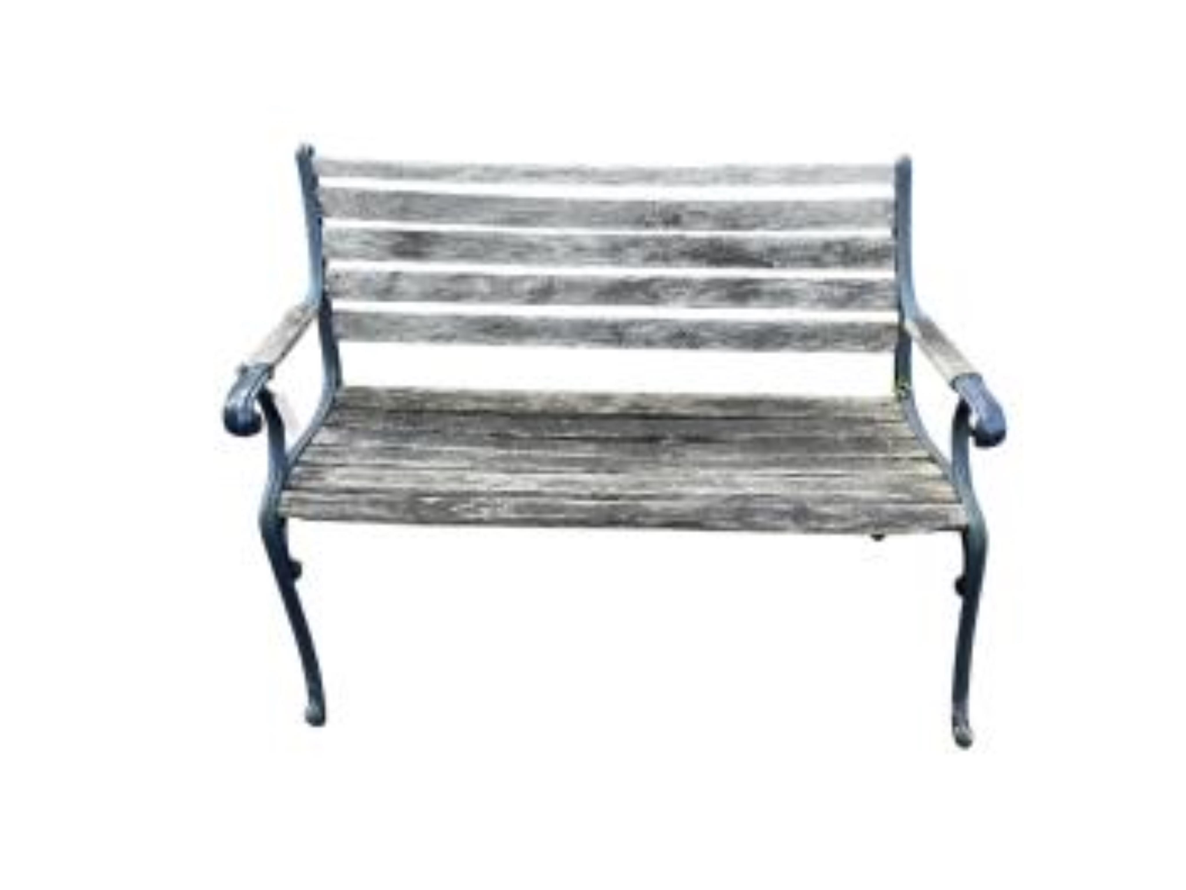 A cast metal slatted garden bench and three matching garden armchairs and four bench ends